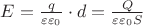 $E=\frac{q}{\varepsilon\varepsilon_0} \cdot d= \frac{Q}{\varepsilon\varepsilon_0 S}$