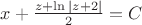$x + \frac {z + \ln{|z+2|}} {2} = C$