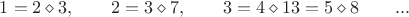 $$1 = 2\diamond 3, \qquad 2 =3\diamond 7, \qquad 3 = 4\diamond 13 = 5\diamond 8 \qquad ...$$