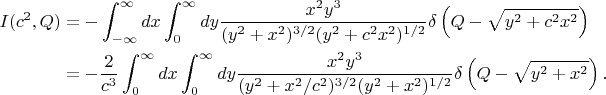 $$\begin{align*}
I(c^2,Q) 
&=
-\int_{-\infty}^{\infty} dx  \int_0^{\infty} d y \frac{x^2 y^3}{(y^2 + x^2)^{3/2} (y^2 + c^2 x^2)^{1/2}}   \delta \left(Q - \sqrt{y^2 + c^2 x^2} \right) \\
&=
-\frac{2}{c^3} \int_{0}^{\infty} dx  \int_0^{\infty} d y \frac{x^2 y^3}{(y^2 + x^2/c^2)^{3/2} (y^2 + x^2)^{1/2}}   \delta \left(Q - \sqrt{y^2 + x^2} \right).
\end{align*}$$