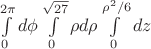 $\int\limits_0^{2\pi} {d\phi}\int\limits_0^{\sqrt{27}}\rho d\rho \int\limits_{0}^{\rho^2/6}dz$