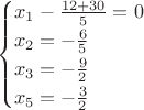 $$\begin{cases}
  x_1-\frac{12+30}{5}=0\\
  x_2=-\frac{6}{5} \\
  x_3=-\frac{9}{2}\\
  x_5 =-\frac{3}{2}\\
\end{cases}$$