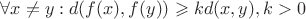 $\forall x\neq y: d(f(x),f(y)) \geqslant kd(x,y), k>0$