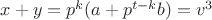 $x+y=p^k(a+p^{t-k}b)=v^3$