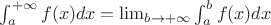 $\int_a^{+\infty}f(x)dx=\lim_{b\to+\infty}\int_a^bf(x)dx$