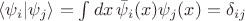 $\langle\psi_i|\psi_j\rangle = \int dx\, \bar{\psi}_i(x)\psi_j(x) = \delta_{ij}$