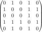 \[
\left(\begin{matrix}
0 & 1 & 0 & 1 & 0\\
1 & 0 & 0 & 1 & 1\\
0 & 0 & 0 & 1 & 0\\
1 & 1 & 1 & 0 & 1\\
0 & 1 & 0 & 1 & 0
\end{matrix}\right)
\]