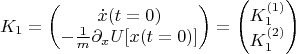 $$
K_1 &= \begin{pmatrix}
\dot{x}(t=0) \\ 	
-\frac{1}{m} 	{\displaystyle  \partial_x U[x(t=0)]}	\end{pmatrix} = 
\begin{pmatrix}	K_1^{(1)} \\ 	K_1^{(2)} 		\end{pmatrix}  $$