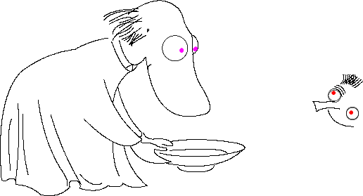 $$
\begin{picture}(600,400)
 
 

 
 %============= HEAD ====================
 
\put(25,105){ %head 
\qbezier(142,176)(167,195)(182,180) %backhead
\qbezier(182,180)(185,176)(186,171) %tophead
\qbezier(192,160)(188,165)(186,171) %brow
\qbezier(193,150)(193,158)(192,160) %brow
\qbezier(193,150)(193,130)(199,120) %forehead
\qbezier(199,120)(212,100)(203,97) %nose
\qbezier(156,142)(163,85)(203,97) %jaw
\qbezier(156,142)(143,125)(135,155) %neck
\qbezier(160,136)(157,135)(158,132) %Smile
\qbezier(157,164)(160,164)(157,162) %ear
\qbezier(157,164)(158,164)(157,162) %ear
}

\put(0,100){ %hair 11
\qbezier(148,179)(155,185)(175,185)
\qbezier(152,175)(170,185)(175,183)
\qbezier(148,176)(155,185)(175,183)
\qbezier(152,173)(165,180)(170,178)
\qbezier(155,165)(155,175)(178,175)
\qbezier(155,160)(155,165)(178,178)
\qbezier(160,174)(168,176)(175,180)
\qbezier(160,170)(168,176)(173,177)
}
\put(-2,85){ %hair 2
\qbezier(160,180)(170,183)(172,187)
\qbezier(162,178)(171,181)(173,185)
\qbezier(164,176)(170,178)(179,185)
\qbezier(166,175)(171,178)(174,182)
\qbezier(168,174)(170,175)(173,181)
\qbezier(170,172)(171,173)(175,181)
\qbezier(172,171)(170,172)(177,180)
\qbezier(170,172)(171,173)(180,180)
\qbezier(172,171)(170,172)(183,179)
}


%==================  EYES ======================



\put(201,254){ %Reyeball
\circle{18}
}
\put(201,254.2){ %Reyeball
\circle{18}
}

\put(22,101){ %Leyeball
\qbezier(200,158)(198,163)(196,163)
\qbezier(200,158)(202,152)(196,148)
}

\textcolor{magenta}{
\put(206,252){ %Riris
\circle*{3}
}
\put(206.3,252.5){ %Riris
\circle*{3}
}
\put(217,254){ %Liris
\circle*{3}
}
\put(216.7,253.2){ %Liris
\circle*{3}
}
}
%================= BODY ================

\put(42,125){  %body
\qbezier(113,85)(115,102)(127,111) %chest
\qbezier(117,98)(122,76)(136,62) %Lforearm
\qbezier(90,73)(122,41)(136,57) %;
\qbezier(122,51)(125,33)(140,20) %Dress
\qbezier(139,20)(128,17)(121,22) %;
\qbezier(121,22)(120,18)(109,20) %;
\qbezier(109,20)(101,14)(87,18) %;
\qbezier(87,18)(88,23)(84,24) %;
\qbezier(84,24)(77,25)(79,19) %;
\qbezier(79,19)(70,10)(56,13) %;
\qbezier(56,13)(47,21)(36,21) %;
\qbezier(36,21)(37,28)(30,25) %;
\qbezier(30,25)(27,23)(25,25) %;

\qbezier(25,25)(20,88)(40,110) %butt
\qbezier(40,110)(59,125)(83,128) %back
\qbezier(83,128)(95,135)(109,137) %shoulder
}

\put(29,109){ %lapel         
\qbezier(125,150)(138,115)(146,133) %;
\qbezier(141,127)(144,135)(136,129) %;
}


%======================  DRESSFOLDS  ============================

\put(41,60){
\qbezier(105,87)(98,83)(88,94) %;
}

\put(46,123){
\qbezier(50,90)(54,58)(68,35) %;
\qbezier(68,35)(74,27)(73,22) %;
}
\put(40,143){
\qbezier(66,58)(75,28)(90,3) %;
\qbezier(115,36)(115,19)(120,10) %;
}

\put(43,137){
\qbezier(32,61)(28,54)(31,20) %;
\qbezier(37,73)(39,47)(35,10) %;
\qbezier(41,65)(40,37)(45,17) %; 
}

%================================================================

\put(33,124){   %Rhand
\qbezier(115,105)(123,75)(145,58) %;
\qbezier(136,52)(145,35)(168,40) %;
\qbezier(168,40)(152,46)(155,50) %;
\qbezier(155,50)(167,47)(164,51) %;
\qbezier(164,51)(158,52)(158,52) %;
\qbezier(158,52)(154,55)(149,55) %;
\qbezier(149,55)(144,55)(144,56) %;
}

\put(38,122){ %Lhand
\qbezier(140,65)(140,62)(138,62) %;
\qbezier(141,65)(143,60)(149,60) %;
\qbezier(149,60)(155,61)(161,59) %;
\qbezier(156,56)(170,52)(161,59) %;
}


\put(32,124){ %plate
\qbezier(168,49)(210,52)(213,47) %;
\qbezier(174,36)(176,32)(189,32) %;
\qbezier(189,32)(202,32)(203,37) %;
\qbezier(226,50)(207,31)(165,39) %;
\qbezier(168,56)(190,60)(220,55) %;
\qbezier(205,45)(240,50)(220,55) %;
\qbezier(205,45)(175,43)(160,47) %;
}

%============================ Tofsla & Vifsla =================

\multiput(327,216)(14,-14){2}{
\circle{10}
}
\multiput(327,217)(14,-14){2}{
\circle{10}
}
\multiput(329,222)(1.3,1.3){3}{
\qbezier(0,0)(5,0)(7,-6)
}

\multiput(338,228)(1.5,-1){6}{
\qbezier(0,0)(2,0)(7,5)
}

\multiput(335,226)(1.5,0){7}{
\qbezier(0,0)(4,4)(2,7)
}

\qbezier(330,212)(320,211)(313,212)
\qbezier(316,204)(314,212)(313,212)
\qbezier(316,204)(322,208)(334,206)

\qbezier(325,205)(329,192)(345,192) %chin

\color{red}{
\multiput(326,219)(14,-15.5){2}{
\circle*{3}
}
}

\end{picture}
$$