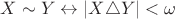 $X\sim Y \leftrightarrow \left\lvert X\triangle Y\right\rvert < \omega$