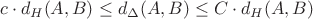 $$
c\cdot d_H(A,B)\le d_{\Delta}(A,B)\le C\cdot d_H(A,B)
$$