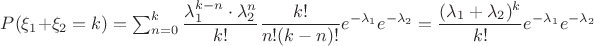 $P(\xi_1+\xi_2=k)=\sum_{n=0}^{k}\dfrac{\lambda_1^{k-n}\cdot \lambda_2^n}{k!}\dfrac{k!}{n!(k-n)!}e^{-\lambda_1}e^{-\lambda_2}=\dfrac{(\lambda_1+\lambda_2)^k}{k!}e^{-\lambda_1}e^{-\lambda_2}$