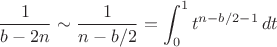 $$
\frac{1}{b-2n}\sim\frac{1}{n-b/2}=\int_0^1 t^{n-b/2-1}\,dt
$$