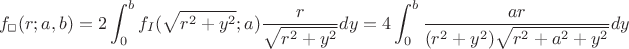 $$\begin{aligned}f_\Box(r;a,b)=2\int_0^bf_I(\sqrt{r^2+y^2};a)\frac{r}{\sqrt{r^2+y^2}}dy=4\int_0^b\frac{ar}{(r^2+y^2)\sqrt{r^2+a^2+y^2}}dy\end{aligned}$$