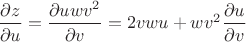$\dfrac{\partial z}{\partial u}=\dfrac{\partial uwv^2}{\partial v}=2vwu+wv^2\dfrac{\partial u}{\partial v}$