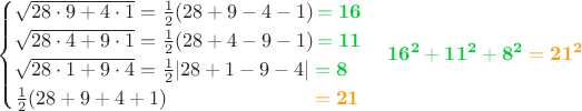 $$\begin{cases}\sqrt{28\cdot9+4\cdot1}=\frac1 2(28+9-4-1)\,\color{green!80!blue}{\mathbf{=16}}\\
\sqrt{28\cdot4+9\cdot1}=\frac1 2(28+4-9-1)\,\color{green!80!blue}{\mathbf{=11}}\\
\sqrt{28\cdot1+9\cdot4}=\frac1 2|28+1-9-4|\hphantom{.}\color{green!80!blue}{\mathbf{=8}}\\
\frac1 2(28+9+4+1)\hphantom{aaaaaaaaaaaaaa}\color{red!40!yellow}{\mathbf{=21}}\end{cases}
\color{green!80!blue}{\mathbf{16^2+11^2+8^2}}\;\color{red!40!yellow}{\mathbf{=21^2}}$$