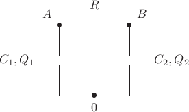 $$\begin{xy} /r1cm/:,
(0,0);(0,0.875)**@{-};
(-0.5,0.875);(0.5,0.875)**@{-};(-0.5,1.125);(0.5,1.125)**@{-};(-0.5,1)*++!R{C_1,Q_1};
(0,1.125);(0,2)**@{-}*{\bullet}*++!DR{A};
(0.5,2)**@{-};
(0.5,1.75);(0.5,2.25)**@{-};(1.5,2.25)**@{-};(1.5,1.75)**@{-};(0.5,1.75)**@{-};(1,2.25)*++!D{R};
(1.5,2);(2,2)**@{-}*{\bullet}*++!DL{B};
(2,1.125)**@{-};
(1.5,0.875);(2.5,0.875)**@{-};(1.5,1.125);(2.5,1.125)**@{-};(2.5,1)*++!L{C_2,Q_2};
(2,0.875);(2,0)**@{-};(0,0)**@{-};(1,0)*{\bullet}*++!U{0};
\end{xy}$$