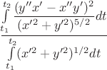 $$\dfrac{\int\limits_{t_1}^{t_2} \dfrac{(y''x'-x''y')^2}{(x'^2+y'^2)^{5/2}} dt}{\int\limits_{t_1}^{t_2}(x'^2+y'^2)^{1/2}dt}$$