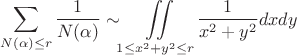 $$\sum\limits_{N(\alpha) \leq r} \frac{1}{N(\alpha)} \sim \iint\limits_{1 \leq x^2+y^2 \leq r}\frac{1}{x^2+y^2}dxdy$$ $$\sum\limits_{N(\alpha) \leq r} \frac{1}{N(\alpha)} \sim \iint\limits_{1 \leq x^2+y^2 \leq r}\frac{1}{x^2+y^2}dxdy$$