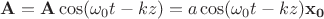 $\mathbf{A} = \mathbf{A} \cos(\omega_0 t-k z)=a \cos(\omega_0 t-k z) \mathbf{x_0}$