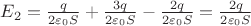 $ E_2 = \frac{q}{2 \varepsilon_0 S} + \frac{3q}{2 \varepsilon_0 S} - \frac{2q}{2 \varepsilon_0 S} = \frac{2q}{2 \varepsilon_0 S} $