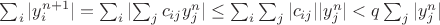$\sum_i {|y^{n+1}_i|} = \sum_i |{\sum_j c_{ij} y^{n}_j|} \le   \sum_i {\sum_j |c_{ij}| |y^{n}_j|} <   q \sum_j {|y^{n}_j|}$