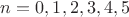 $n=0,1,2,3,4,5$