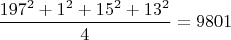 $\dfrac{197^2+1^2+15^2+13^2}{4}=9801$
