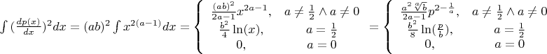 $\int{(\frac{dp(x)}{dx})^2dx}=(ab)^2\int{x^{2(a-1)}dx}= \left\{\begin{array}{ccc}\frac{(ab)^2}{2a-1}x^{2a-1}, & a\not=\frac{1}{2}\wedge a\not=0\\\frac{b^2}{4}\ln(x), & a=\frac{1}{2}\\0, & a=0\end{array} =\left\{\begin{array}{ccc}\frac{a^2\sqrt[a]b}{2a-1}p^{2-\frac{1}{a}}, & a\not=\frac{1}{2}\wedge a\not=0\\\frac{b^2}{8}\ln(\frac{p}{b}), & a=\frac{1}{2}\\0, & a=0\end{array}$