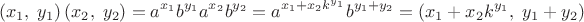 $$\left(x_1,\;y_1\right)\left(x_2,\;y_2\right)=a^{x_1}b^{y_1}a^{x_2}b^{y_2}=a^{x_1+x_2k^{y_1}}b^{y_1+y_2}=\left(x_1+x_2k^{y_1},\;y_1+y_2\right)$$