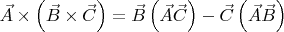 $\vec A\times\left(\vec B\times\vec C\right)=\vec B\left(\vec A\vec C\right)-\vec C\left(\vec A\vec B\right)$