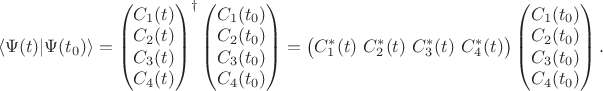$$\langle\Psi(t)|\Psi(t_0)\rangle=\begin{pmatrix}C_1(t)\\C_2(t)\\C_3(t)\\C_4(t)\end{pmatrix}^\dagger\begin{pmatrix}C_1(t_0)\\C_2(t_0)\\C_3(t_0)\\C_4(t_0)\end{pmatrix}=\begin{pmatrix}C_1^*(t)\,\,C_2^*(t)\,\,C_3^*(t)\,\,C_4^*(t)\end{pmatrix}\begin{pmatrix}C_1(t_0)\\C_2(t_0)\\C_3(t_0)\\C_4(t_0)\end{pmatrix}.$$