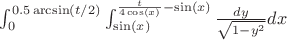$\int_0^{0.5\arcsin(t/2)}\int_{\sin(x)}^{\frac{t}{4\cos(x)}-\sin(x)}\frac{dy}{\sqrt{1-y^2}}dx$