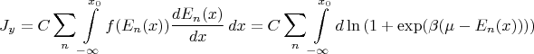 $$J_y=C \sum\limits_n \int\limits_{-\infty}^{x_0}f(E_n(x))\frac{dE_n(x)}{dx} \, dx=C \sum\limits_n \int\limits_{-\infty}^{x_0}d \ln \left( 1+\exp(\beta(\mu-E_n(x))) \right) $$