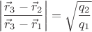 $$\left|\frac{\vec{r}_3-\vec{r}_2}{\vec{r}_3-\vec{r}_1}\right|=\sqrt{\frac{q_2}{q_1}}$$