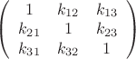$
\left( \begin{array}{ccc}
1 & k_{12} & k_{13}\\
k_{21} & 1 & k_{23} \\
k_{31} & k_{32} & 1 \\
 \end{array} \right)$