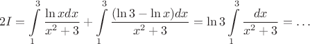 $$2I=\int\limits_1^3\frac{\ln x dx}{x^2+3}+\int\limits_1^3\frac{(\ln3 -\ln x) dx}{x^2+3}=\ln3\int\limits_1^3\frac{dx}{x^2+3}=\dots$$