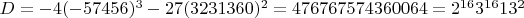 $D=-4\ctod(-57456)^3-27\ctod(3231360)^2=476767574360064={2^{16}}{3^{16}}{13^2}$