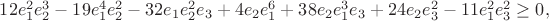 $12 e_1^2 e_2^3 - 19 e_1^4 e_2^2 - 32 e_1 e_2^2 e_3 + 4 e_2 e_1^6 + 38 e_2 e_1^3 e_3 + 24 e_2 e_3^2 - 11 e_1^2 e_3^2 \geq 0,$