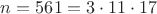 $n=561=3\cdot 11\cdot 17$