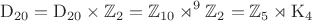 $$\mathrm{D}_{20}=\mathrm{D}_{20}\times\mathbb{Z}_2=\mathbb{Z}_{10}\rtimes^9\mathbb{Z}_2=\mathbb{Z}_5\rtimes\mathrm{K}_4$$