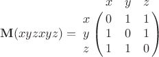 $\mathbf{M}(xyzxyz) = \bordermatrix{
& x & y & z\cr
x & 0 & 1 & 1\cr
y & 1 & 0 & 1 \cr
z & 1 & 1 & 0  \cr}$