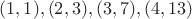 $(1, 1), (2, 3), (3, 7), (4, 13)$ $(1, 1), (2, 3), (3, 7), (4, 13)$