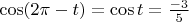 $\cos (2\pi -t)=\cos t=\frac{-3}{5}$