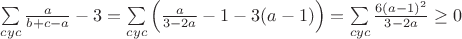 $\sum\limits_{cyc}\frac{a}{b+c-a}-3=\sum\limits_{cyc}\left(\frac{a}{3-2a}-1-3(a-1)\right)=\sum\limits_{cyc}\frac{6(a-1)^2}{3-2a}\geq0$