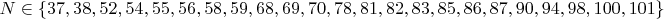 $N \in \{37,38,52,54,55,56,58,59,68,69,70,78,81,82,83,85,86,87,90,94,98,100,101\}$