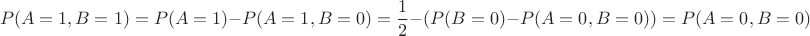 $$P(A = 1, B = 1) = P(A = 1) - P(A = 1, B = 0) = \frac{1}{2} - (P(B = 0) - P(A = 0, B = 0)) = P(A = 0, B = 0)$$