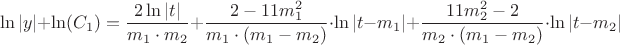 $$\ln|y|+\ln(C_1)=\frac{2\ln|t|}{m_1\cdot m_2}+\frac{2-11m^2_1}{m_1\cdot(m_1-m_2)}\cdot\ln|t-m_1|+\frac{11m^2_2-2}{m_2\cdot(m_1-m_2)}\cdot\ln|t-m_2|$$