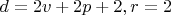 $d=2v+2p+2, r=2$