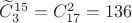 $\widetilde{C}_3^{15} = C_{17}^2 = 136$